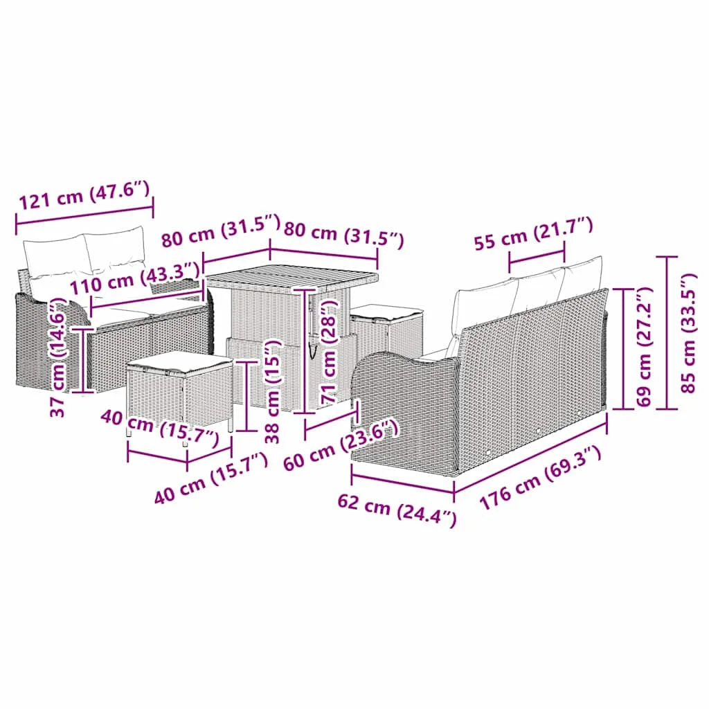 Súprava záhradných pohoviek 8 pcs Čierna polyratan