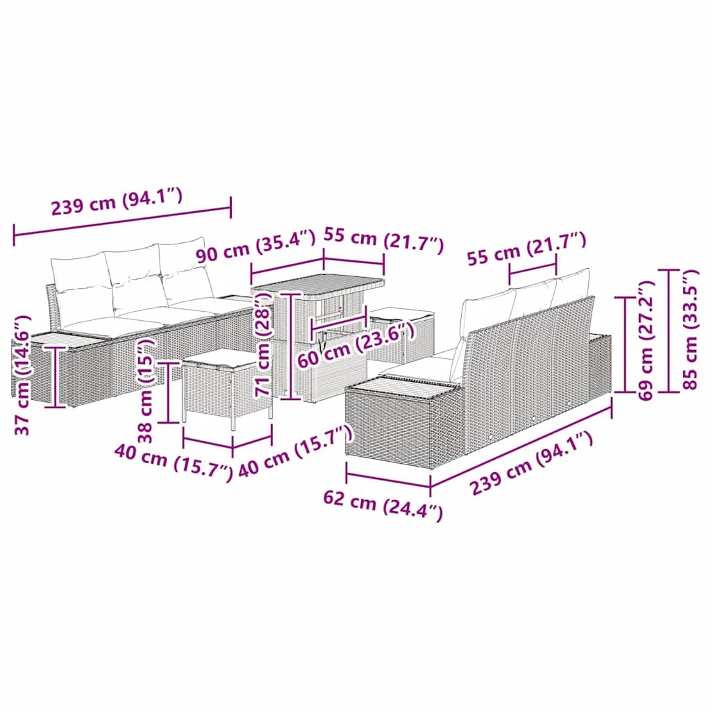 Súprava záhradných pohoviek 9 pcs Sivá polyratan
