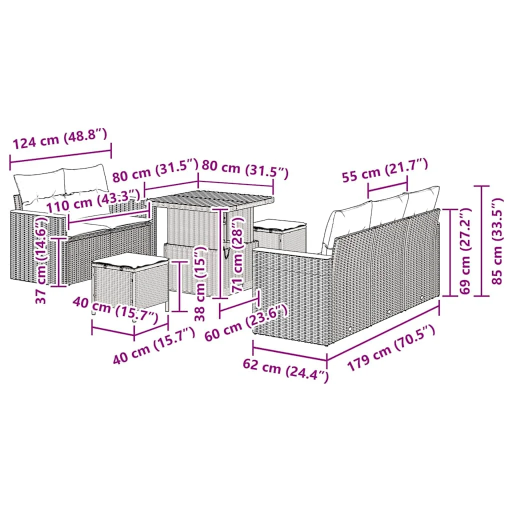 Súprava záhradných pohoviek 8 pcs Čierna polyratan