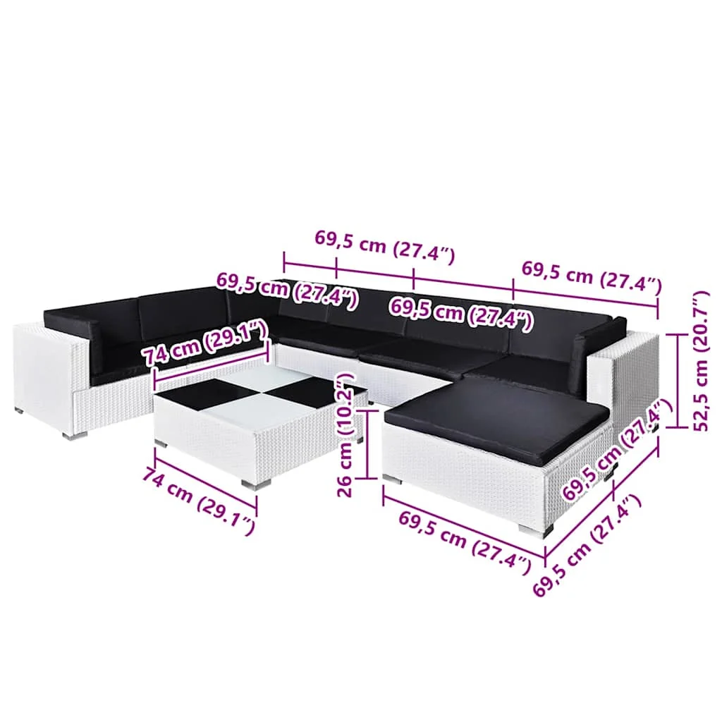 8-dielna záhradná sedacia súprava+podložky, biela, polyratan