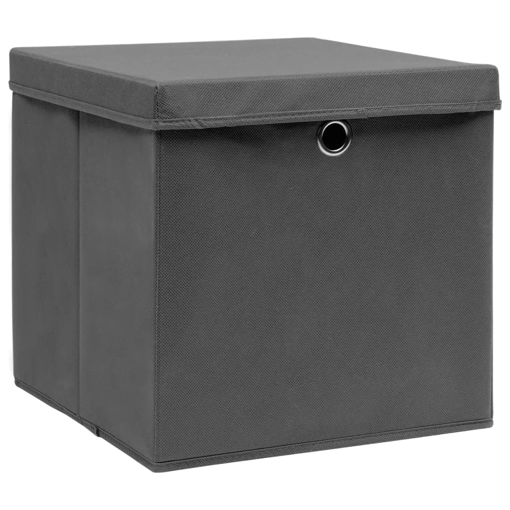 Úložné boxy s vekom 10 ks, sivé 32x32x32 cm, látka