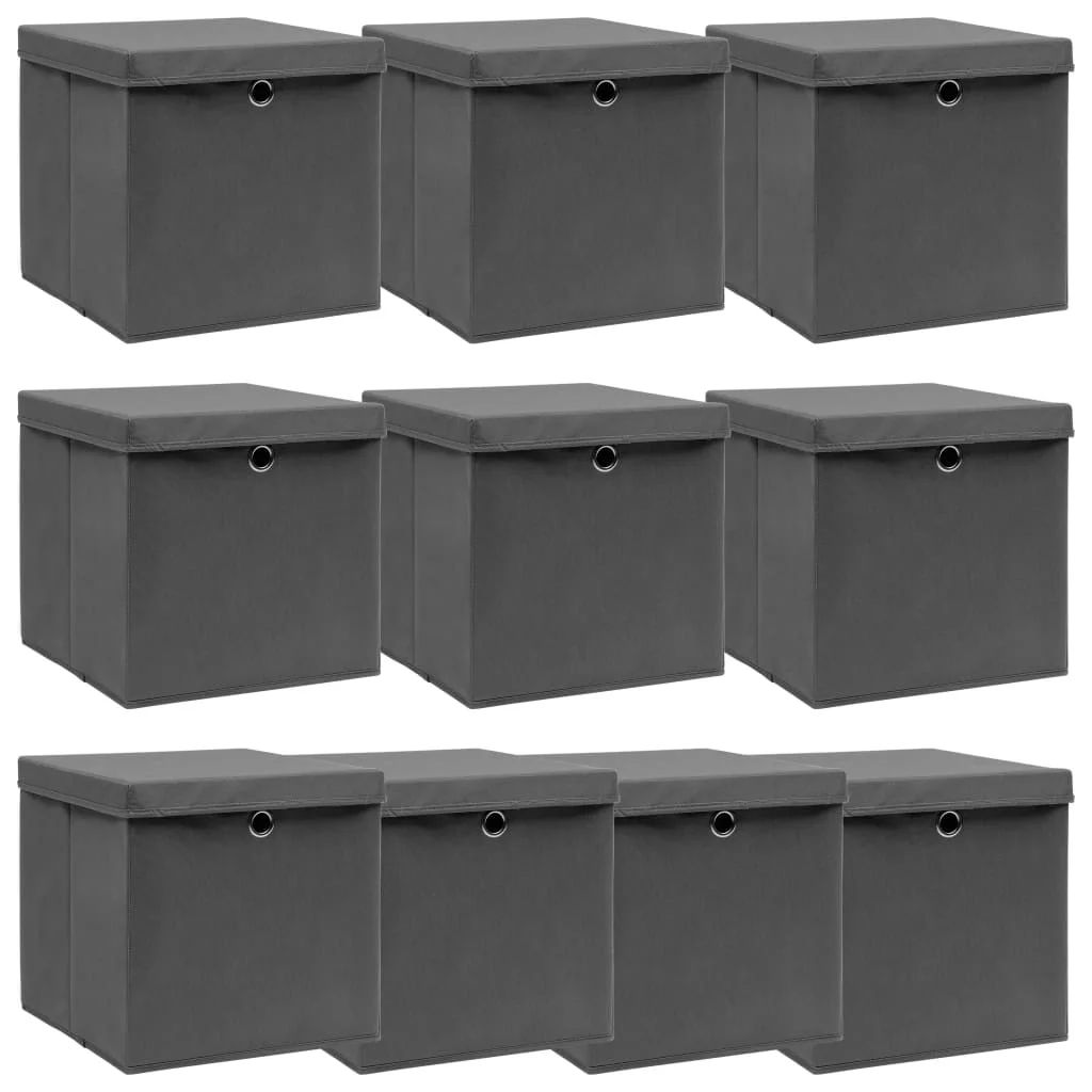 Úložné boxy s vekom 10 ks, sivé 32x32x32 cm, látka