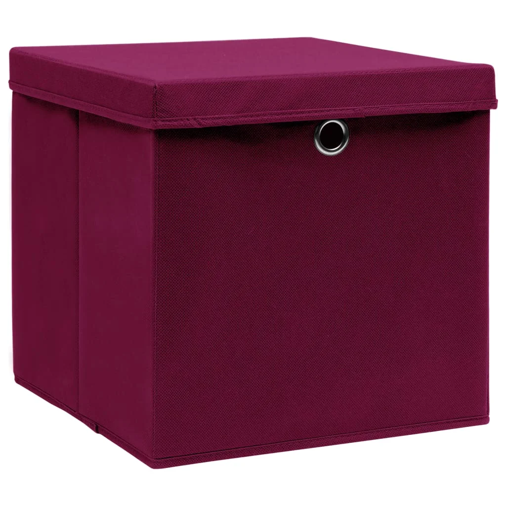 Úložné boxy s vekom 10 ks, tmavočervené 32x32x32 cm, látka