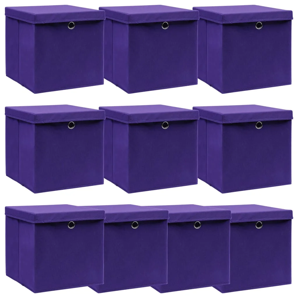 Úložné boxy s vekom 10 ks, fialové 32x32x32 cm, látka