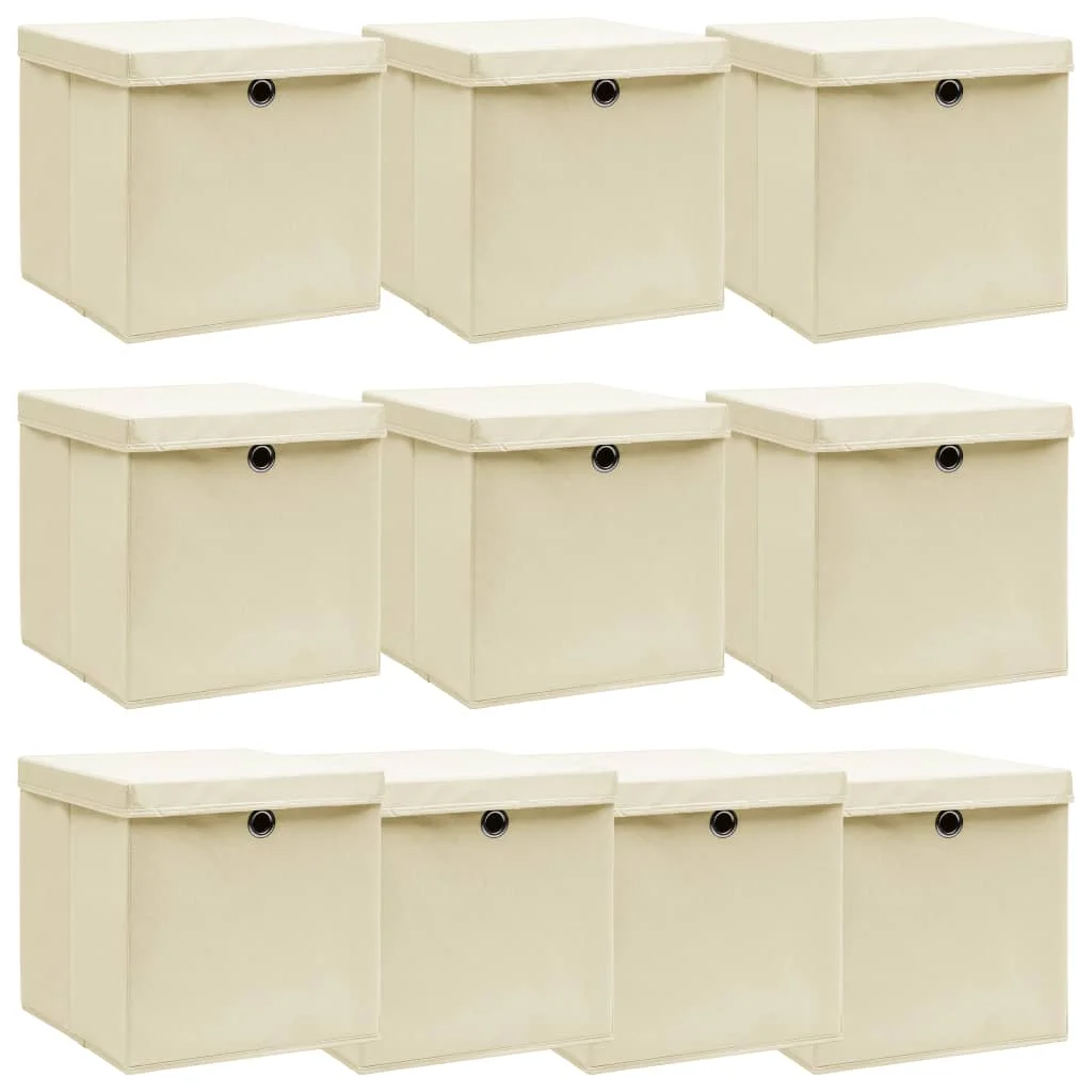 Úložné boxy s vekom 10 ks, krémové 32x32x32 cm, látka