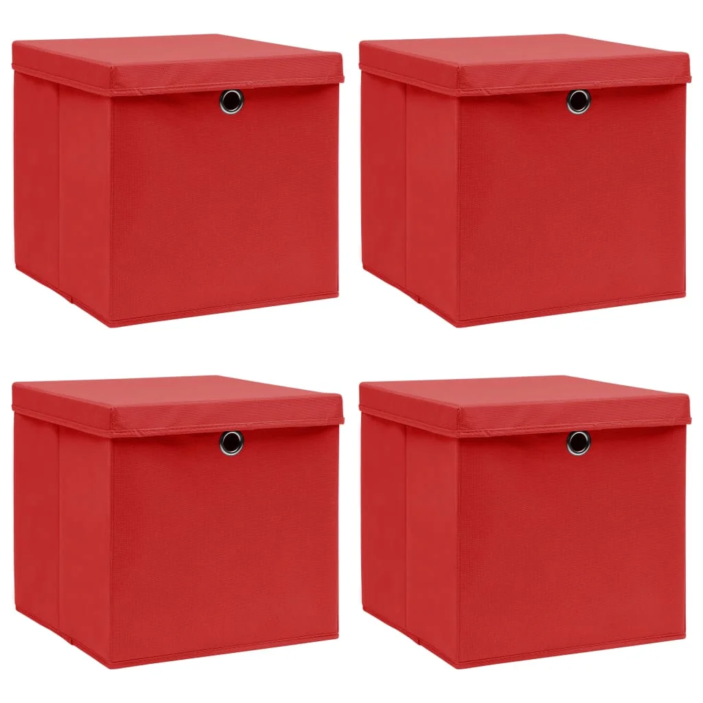 Úložné boxy s vekom 4 ks, červené 32x32x32 cm, látka