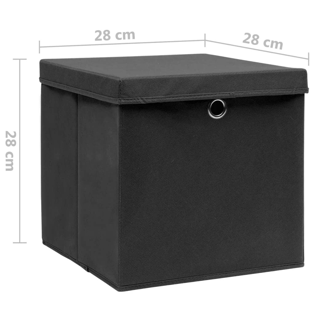 Úložné boxy s vekom 4 ks, 28x28x28 cm, čierne