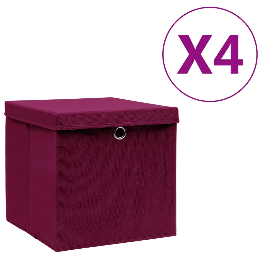 Úložné boxy s vekom 4 ks, 28x28x28 cm, tmavočervené