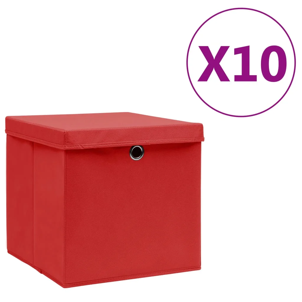 Úložné boxy s vekom 10 ks, 28x28x28 cm, červené