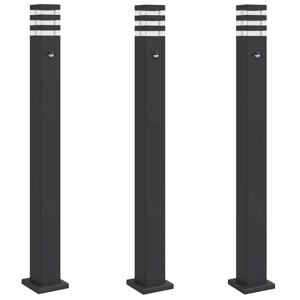 Vonkajšie stojace lampy so senzorom 3 ks čierne 110 cm hliník