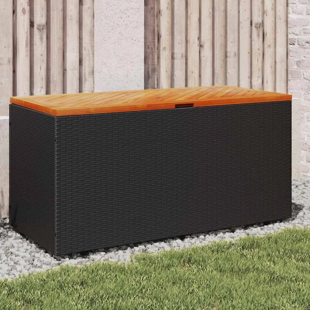 Záhrad. úložný box čierny 110x50x54 cm polyratan akáciové drevo