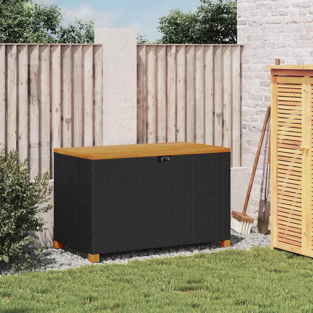 Záhrad. úložný box čierny 110x55x63 cm polyratan akáciové drevo