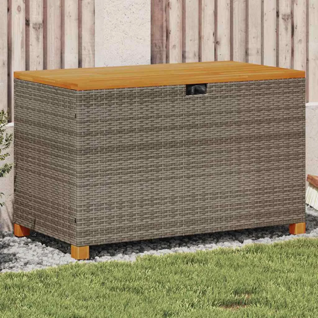 Záhradný úložný box sivý 110x55x63 cm polyratan akáciové drevo